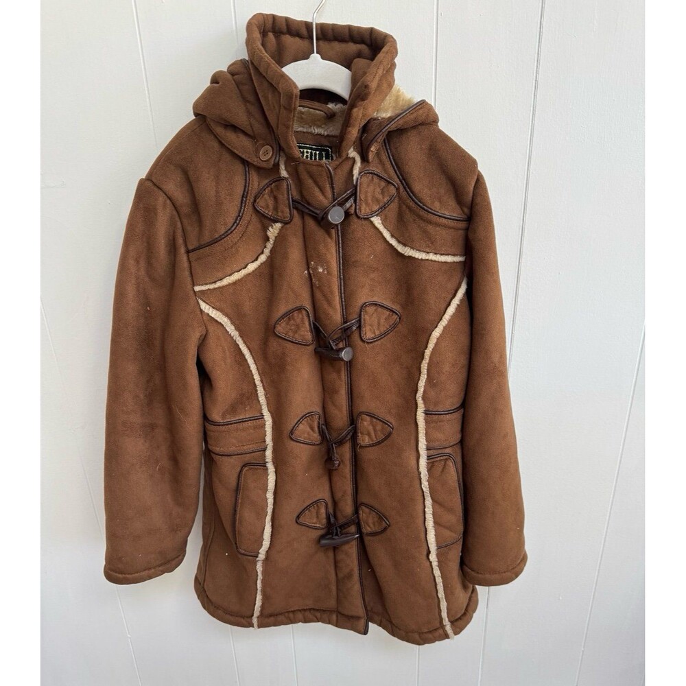 Big Chill Shearling Fur Suede Toggle Jacket Parka Brown Coat Girls Small 7/8